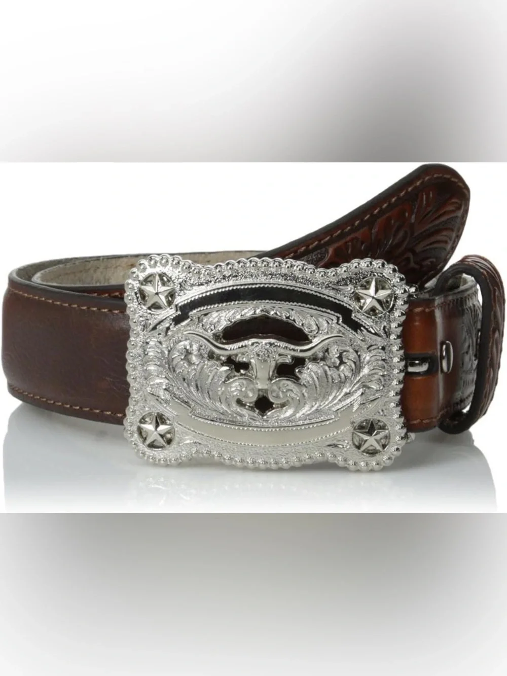 NWOT Nocona Boys Tooled Leather Longhorn Belt Western Brown Silver Buckle